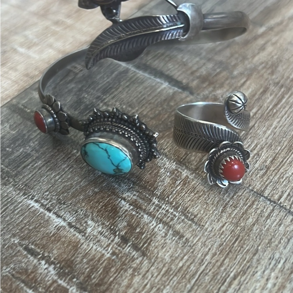 Sterling Silver Turquoise and Red Coral Southwestern Bracelet and Ring Set